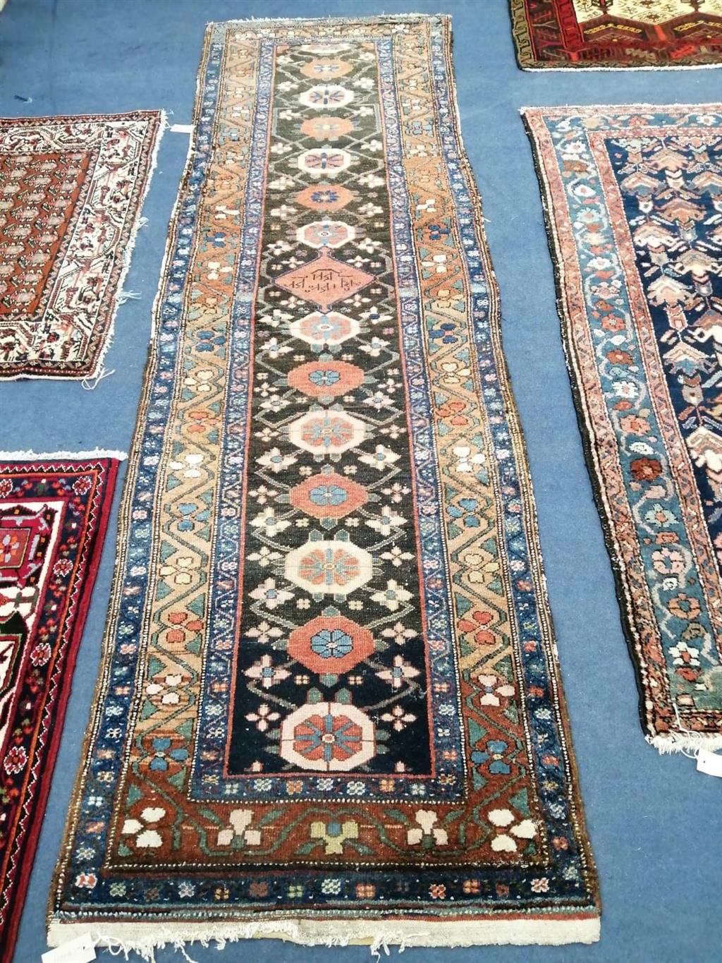 A Caucasian indigo runner with dedication, 280 x 80cm